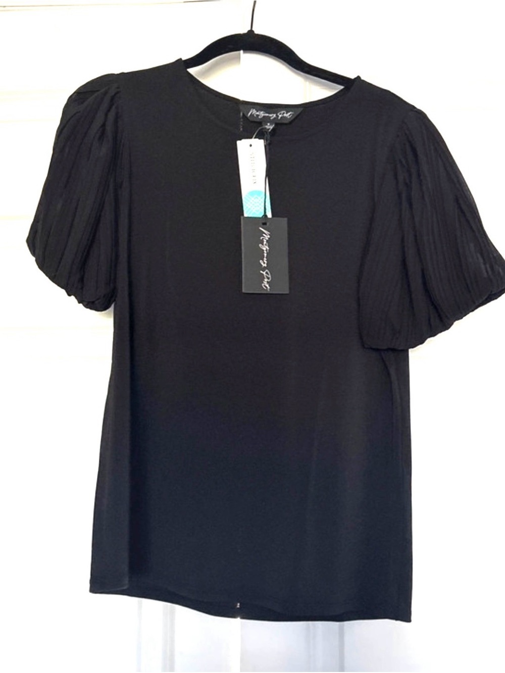 Black Pleated Puff Sleeve Tee - Short Sleeve Crewneck